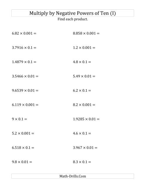 The Multiplying Decimals by Negative Powers of Ten (Standard Form) (I) Math Worksheet