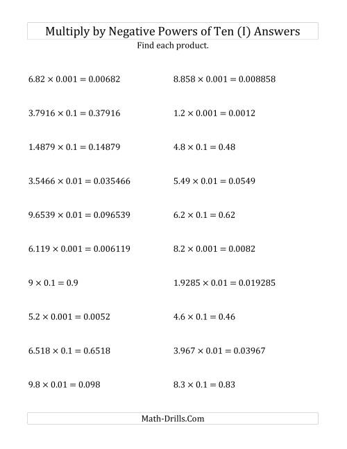 The Multiplying Decimals by Negative Powers of Ten (Standard Form) (I) Math Worksheet Page 2