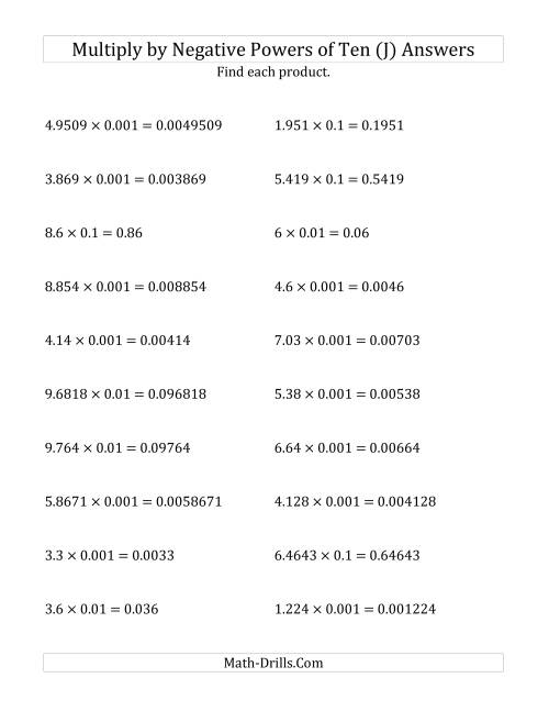 The Multiplying Decimals by Negative Powers of Ten (Standard Form) (J) Math Worksheet Page 2