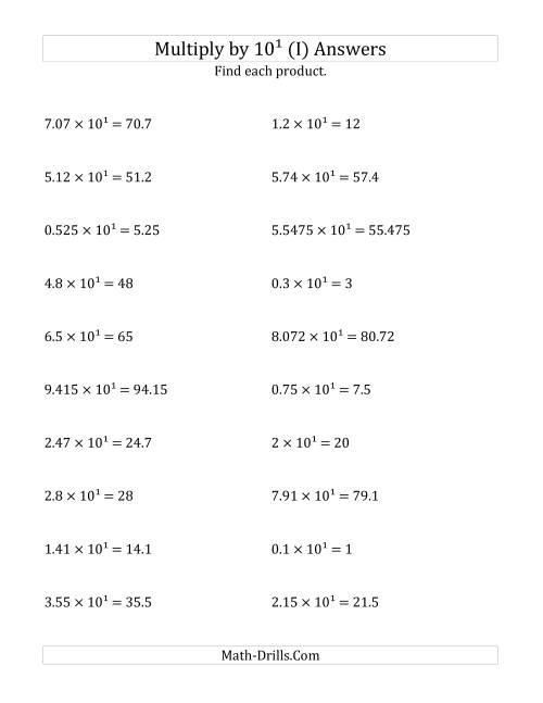 The Multiplying Decimals by 10<sup>1</sup> (I) Math Worksheet Page 2