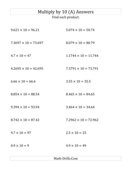 The Multiplying Decimals by 10 (A) Math Worksheet Page 2