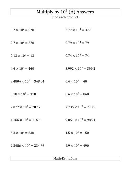 The Multiplying Decimals by 10<sup>2</sup> (A) Math Worksheet Page 2