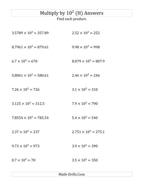 The Multiplying Decimals by 10<sup>2</sup> (H) Math Worksheet Page 2