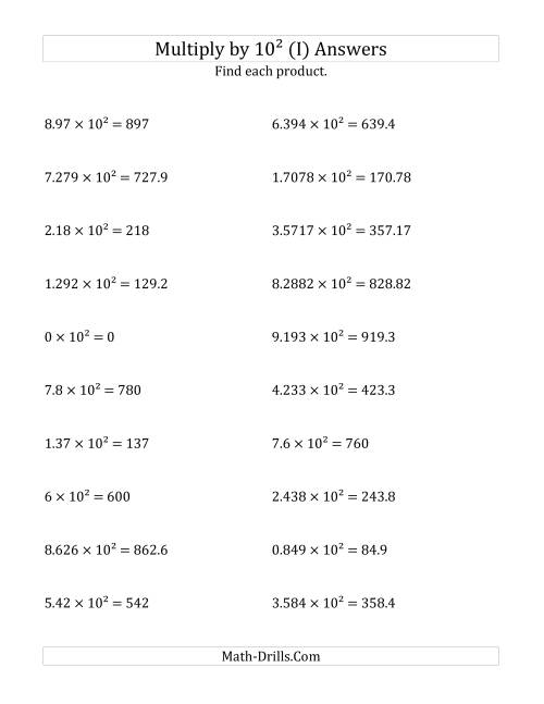 The Multiplying Decimals by 10<sup>2</sup> (I) Math Worksheet Page 2
