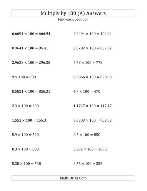 The Multiplying Decimals by 100 (A) Math Worksheet Page 2