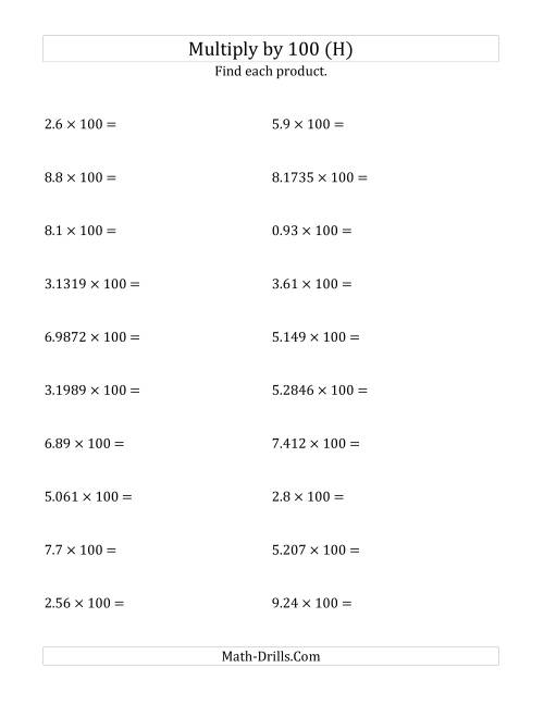 The Multiplying Decimals by 100 (H) Math Worksheet