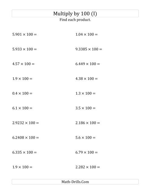 The Multiplying Decimals by 100 (I) Math Worksheet