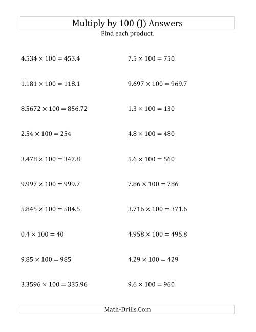 The Multiplying Decimals by 100 (J) Math Worksheet Page 2