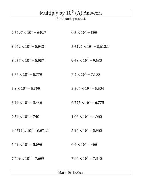 The Multiplying Decimals by 10<sup>3</sup> (A) Math Worksheet Page 2