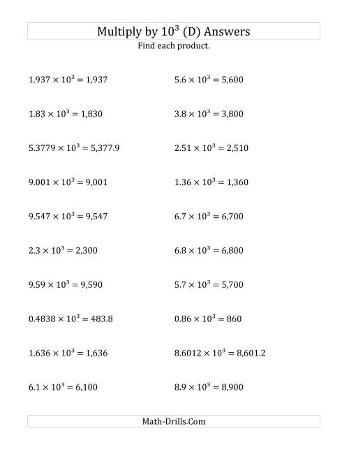 The Multiplying Decimals by 10<sup>3</sup> (D) Math Worksheet Page 2