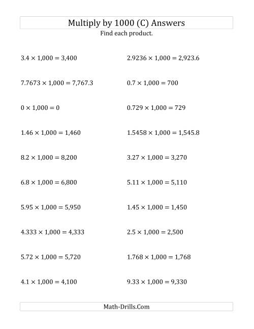 The Multiplying Decimals by 1,000 (C) Math Worksheet Page 2