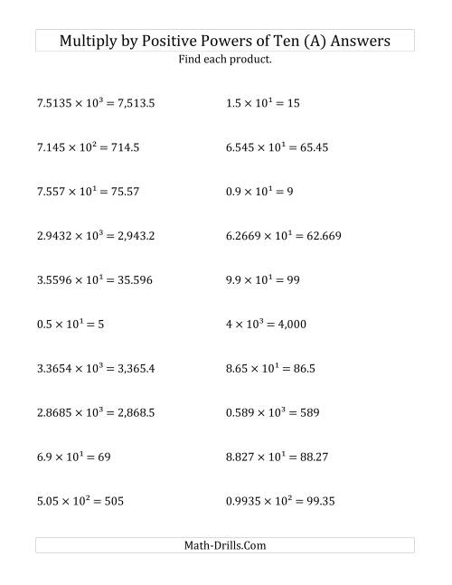The Multiplying Decimals by Positive Powers of Ten (Exponent Form) (A) Math Worksheet Page 2