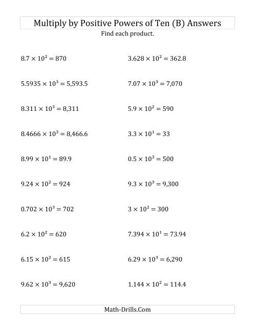 The Multiplying Decimals by Positive Powers of Ten (Exponent Form) (B) Math Worksheet Page 2