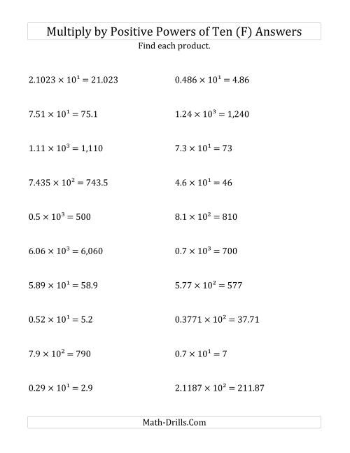 The Multiplying Decimals by Positive Powers of Ten (Exponent Form) (F) Math Worksheet Page 2
