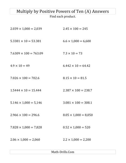 The Multiplying Decimals by Positive Powers of Ten (Standard Form) (A) Math Worksheet Page 2