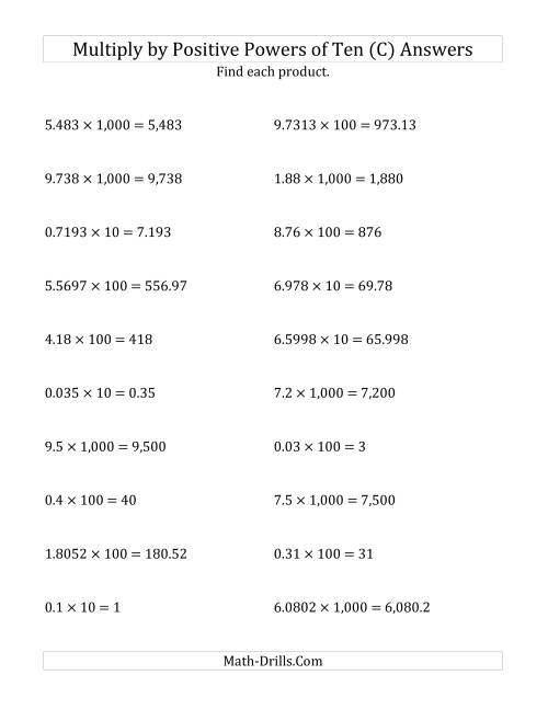 The Multiplying Decimals by Positive Powers of Ten (Standard Form) (C) Math Worksheet Page 2