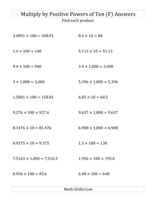 The Multiplying Decimals by Positive Powers of Ten (Standard Form) (F) Math Worksheet Page 2