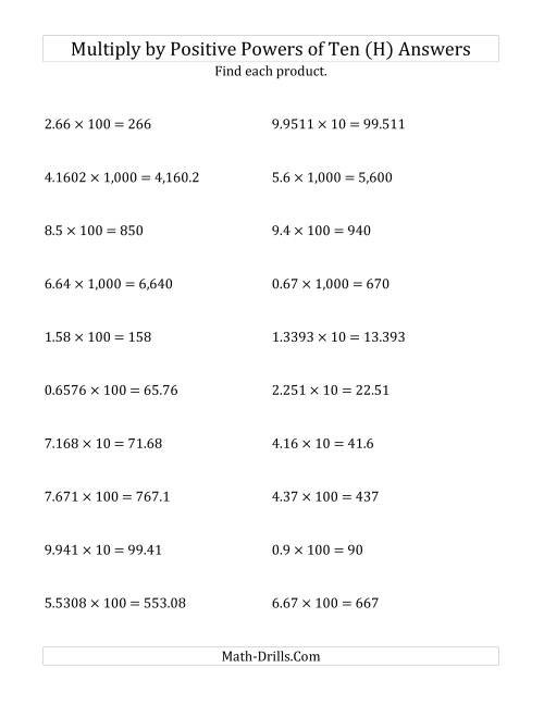 The Multiplying Decimals by Positive Powers of Ten (Standard Form) (H) Math Worksheet Page 2