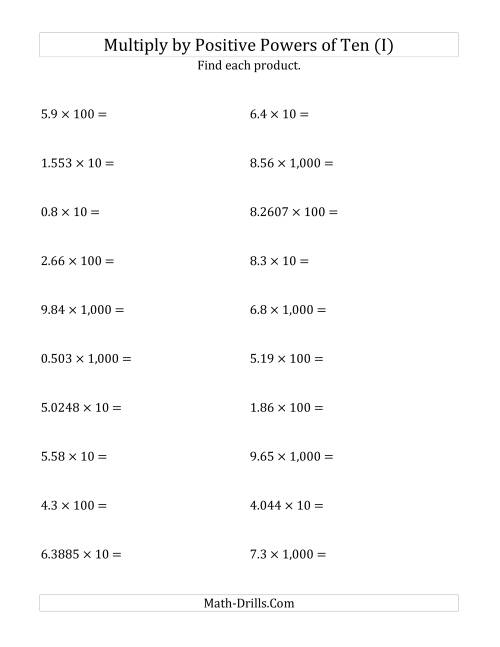 The Multiplying Decimals by Positive Powers of Ten (Standard Form) (I) Math Worksheet