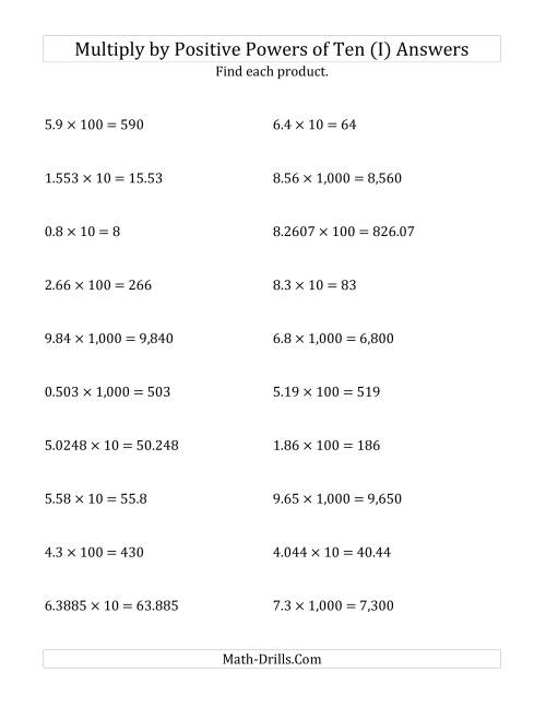 The Multiplying Decimals by Positive Powers of Ten (Standard Form) (I) Math Worksheet Page 2