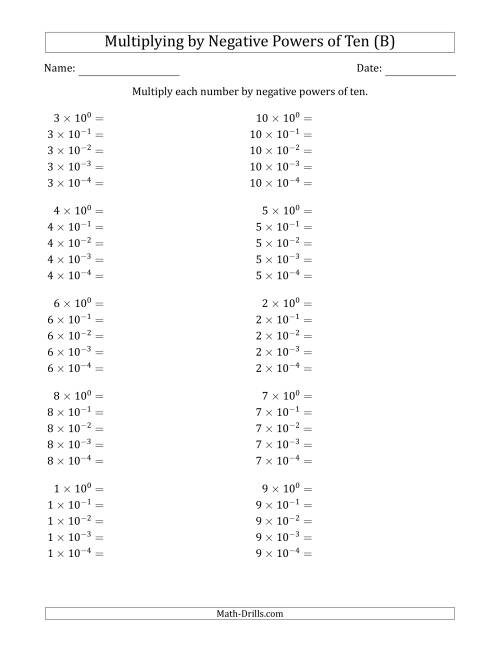 The Learning to Multiply Numbers (Range 1 to 10) by Negative Powers of Ten in Exponent Form (B) Math Worksheet