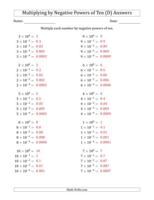 The Learning to Multiply Numbers (Range 1 to 10) by Negative Powers of Ten in Exponent Form (D) Math Worksheet Page 2