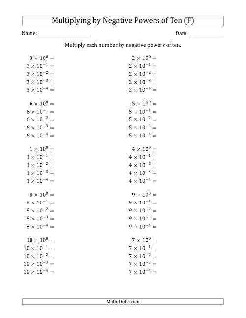 The Learning to Multiply Numbers (Range 1 to 10) by Negative Powers of Ten in Exponent Form (F) Math Worksheet