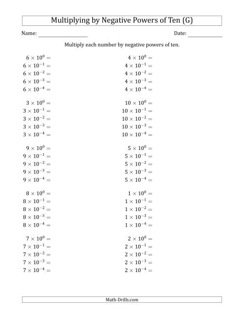 The Learning to Multiply Numbers (Range 1 to 10) by Negative Powers of Ten in Exponent Form (G) Math Worksheet