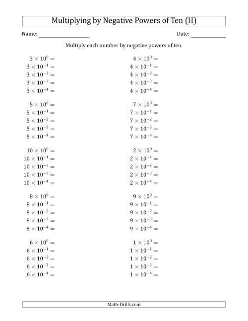 The Learning to Multiply Numbers (Range 1 to 10) by Negative Powers of Ten in Exponent Form (H) Math Worksheet