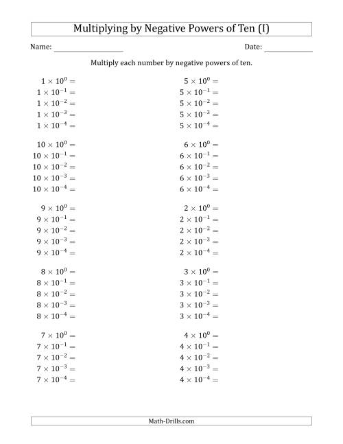 The Learning to Multiply Numbers (Range 1 to 10) by Negative Powers of Ten in Exponent Form (I) Math Worksheet