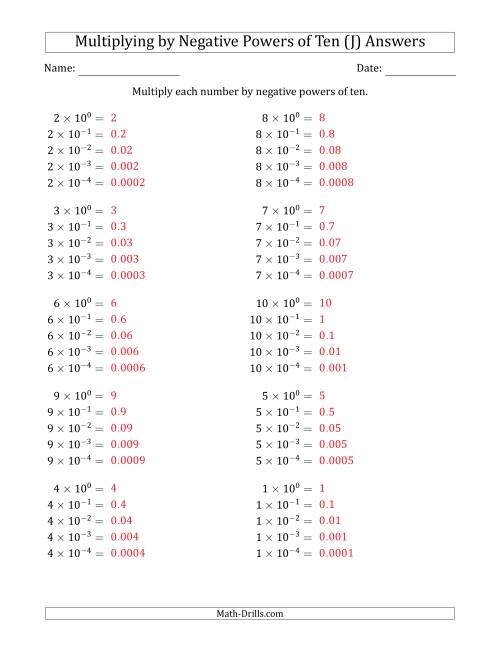 The Learning to Multiply Numbers (Range 1 to 10) by Negative Powers of Ten in Exponent Form (J) Math Worksheet Page 2