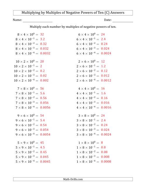The Learning to Multiply Numbers (Range 1 to 10) by Multiples of Negative Powers of Ten in Exponent Form (C) Math Worksheet Page 2