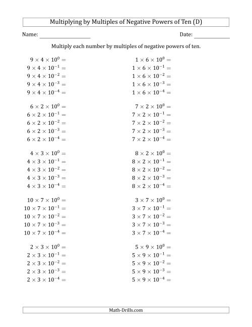 The Learning to Multiply Numbers (Range 1 to 10) by Multiples of Negative Powers of Ten in Exponent Form (D) Math Worksheet