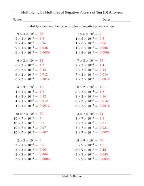 The Learning to Multiply Numbers (Range 1 to 10) by Multiples of Negative Powers of Ten in Exponent Form (D) Math Worksheet Page 2