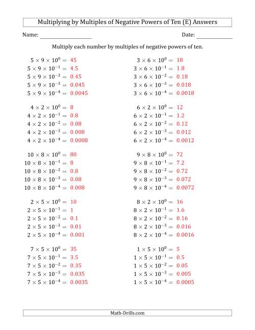 The Learning to Multiply Numbers (Range 1 to 10) by Multiples of Negative Powers of Ten in Exponent Form (E) Math Worksheet Page 2