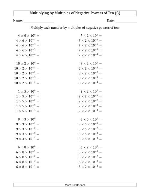 The Learning to Multiply Numbers (Range 1 to 10) by Multiples of Negative Powers of Ten in Exponent Form (G) Math Worksheet