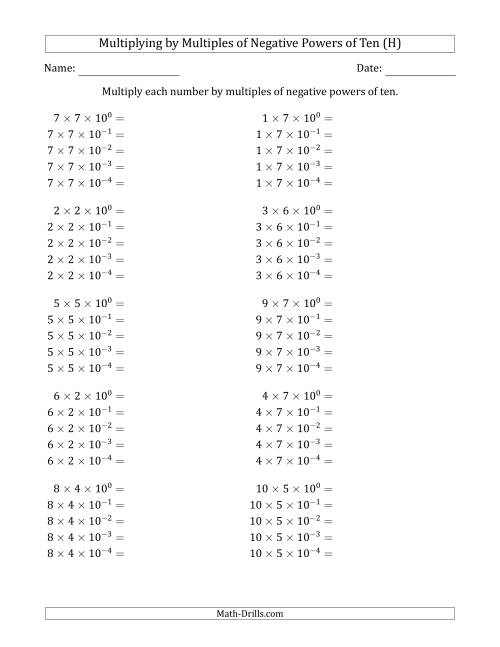 The Learning to Multiply Numbers (Range 1 to 10) by Multiples of Negative Powers of Ten in Exponent Form (H) Math Worksheet