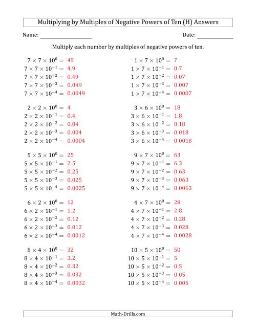 The Learning to Multiply Numbers (Range 1 to 10) by Multiples of Negative Powers of Ten in Exponent Form (H) Math Worksheet Page 2