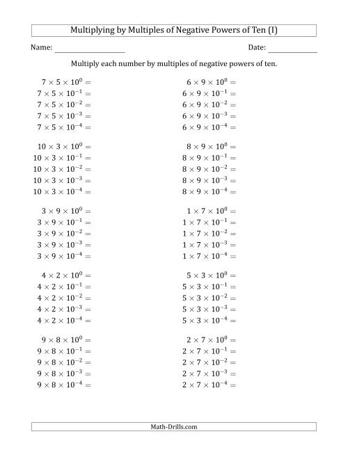 The Learning to Multiply Numbers (Range 1 to 10) by Multiples of Negative Powers of Ten in Exponent Form (I) Math Worksheet
