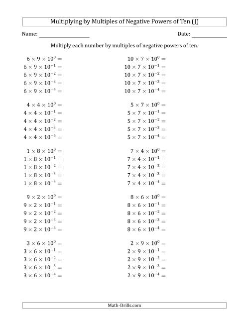 The Learning to Multiply Numbers (Range 1 to 10) by Multiples of Negative Powers of Ten in Exponent Form (J) Math Worksheet