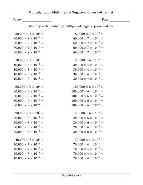 The Learning to Multiply Numbers (Range 1 to 10) by Multiples of Negative Powers of Ten in Exponent Form (Whole Number Answers) (A) Math Worksheet