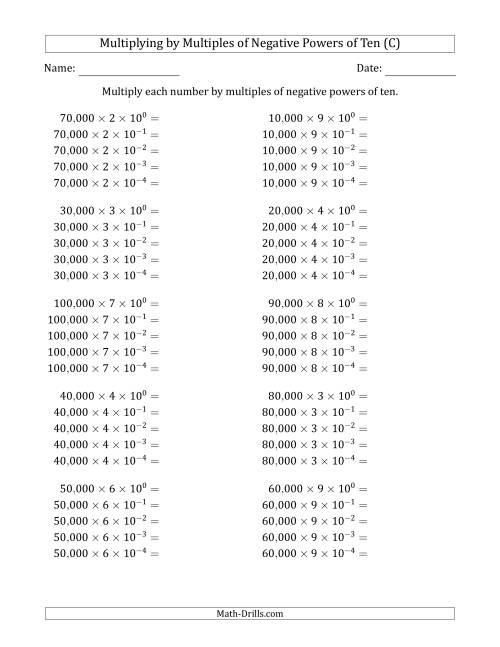 The Learning to Multiply Numbers (Range 1 to 10) by Multiples of Negative Powers of Ten in Exponent Form (Whole Number Answers) (C) Math Worksheet