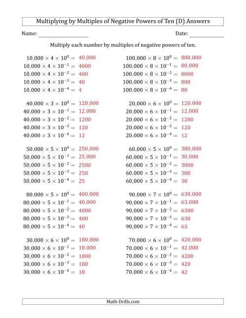 The Learning to Multiply Numbers (Range 1 to 10) by Multiples of Negative Powers of Ten in Exponent Form (Whole Number Answers) (D) Math Worksheet Page 2