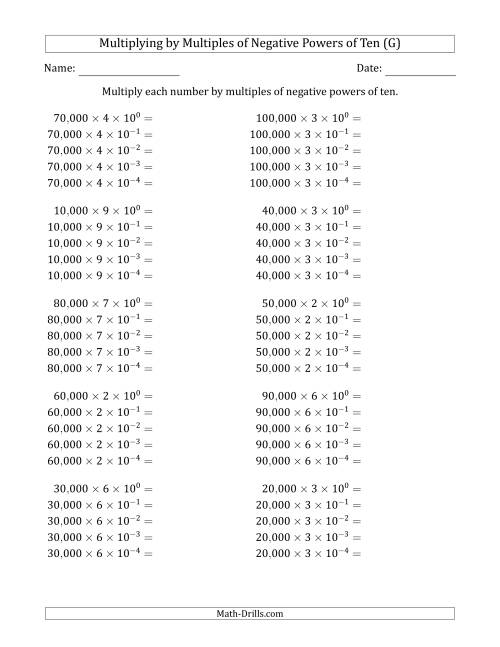 The Learning to Multiply Numbers (Range 1 to 10) by Multiples of Negative Powers of Ten in Exponent Form (Whole Number Answers) (G) Math Worksheet