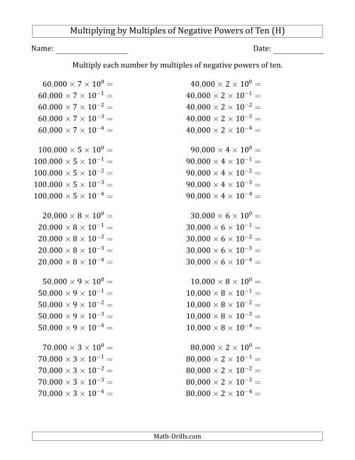The Learning to Multiply Numbers (Range 1 to 10) by Multiples of Negative Powers of Ten in Exponent Form (Whole Number Answers) (H) Math Worksheet