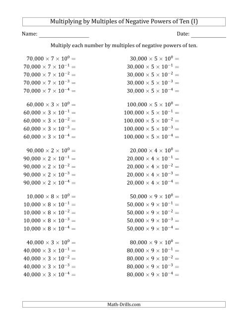 The Learning to Multiply Numbers (Range 1 to 10) by Multiples of Negative Powers of Ten in Exponent Form (Whole Number Answers) (I) Math Worksheet