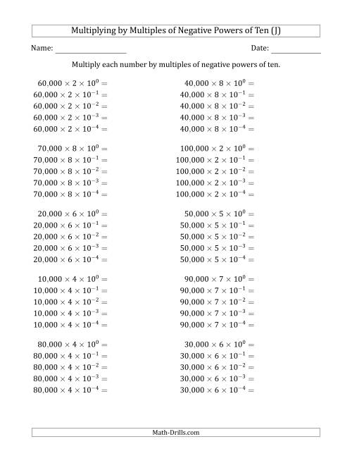 The Learning to Multiply Numbers (Range 1 to 10) by Multiples of Negative Powers of Ten in Exponent Form (Whole Number Answers) (J) Math Worksheet