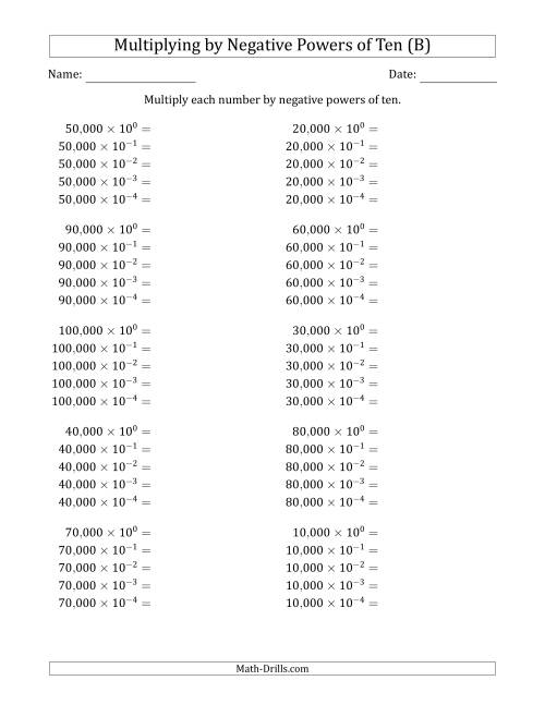 The Learning to Multiply Numbers (Range 1 to 10) by Negative Powers of Ten in Exponent Form (Whole Number Answers) (B) Math Worksheet