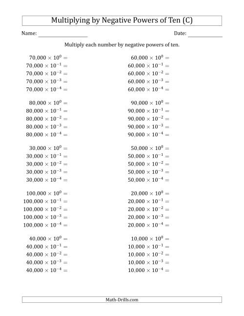 The Learning to Multiply Numbers (Range 1 to 10) by Negative Powers of Ten in Exponent Form (Whole Number Answers) (C) Math Worksheet