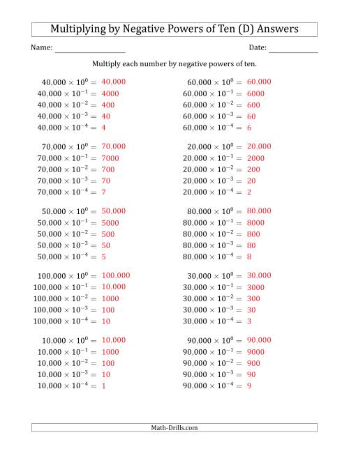 The Learning to Multiply Numbers (Range 1 to 10) by Negative Powers of Ten in Exponent Form (Whole Number Answers) (D) Math Worksheet Page 2